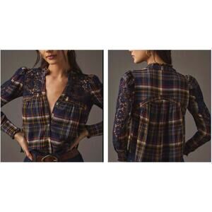 Pilcro Lace Trimmed Flannel Peasant Blouse sz XS Navy Blue Bohemian Western